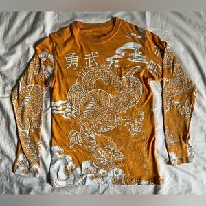 Fresh Laundry Men’s Long Sleeve Shirt Small Orange Dragon Graphic Print Y2K